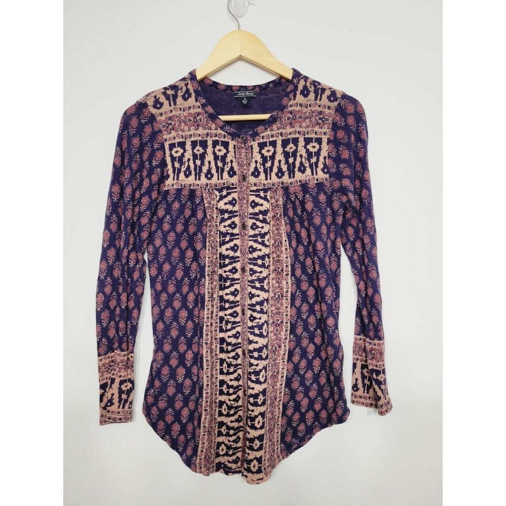 Lucky Brand Geometric Navy and Tan Button Up Tunic Women's Small